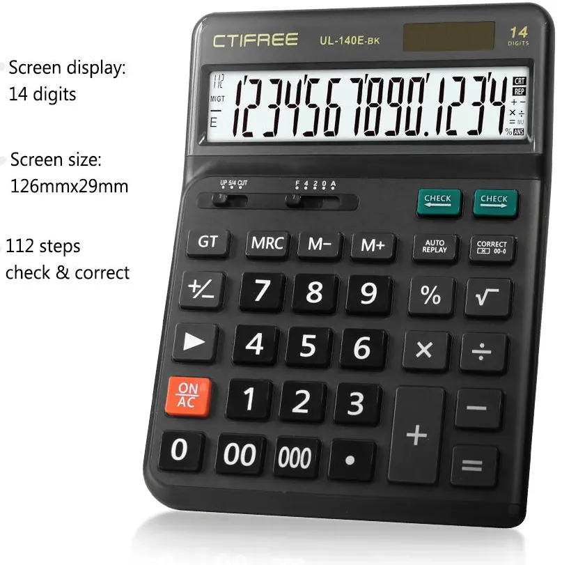 CTIFree Desktop Calculator, 14 Digits, Solar Cell, Ergonomic Buttons, Black, UL-140E-BK