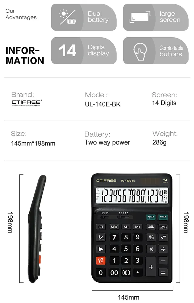 CTIFree Desktop Calculator, 14 Digits, Solar Cell, Ergonomic Buttons, Black, UL-140E-BK