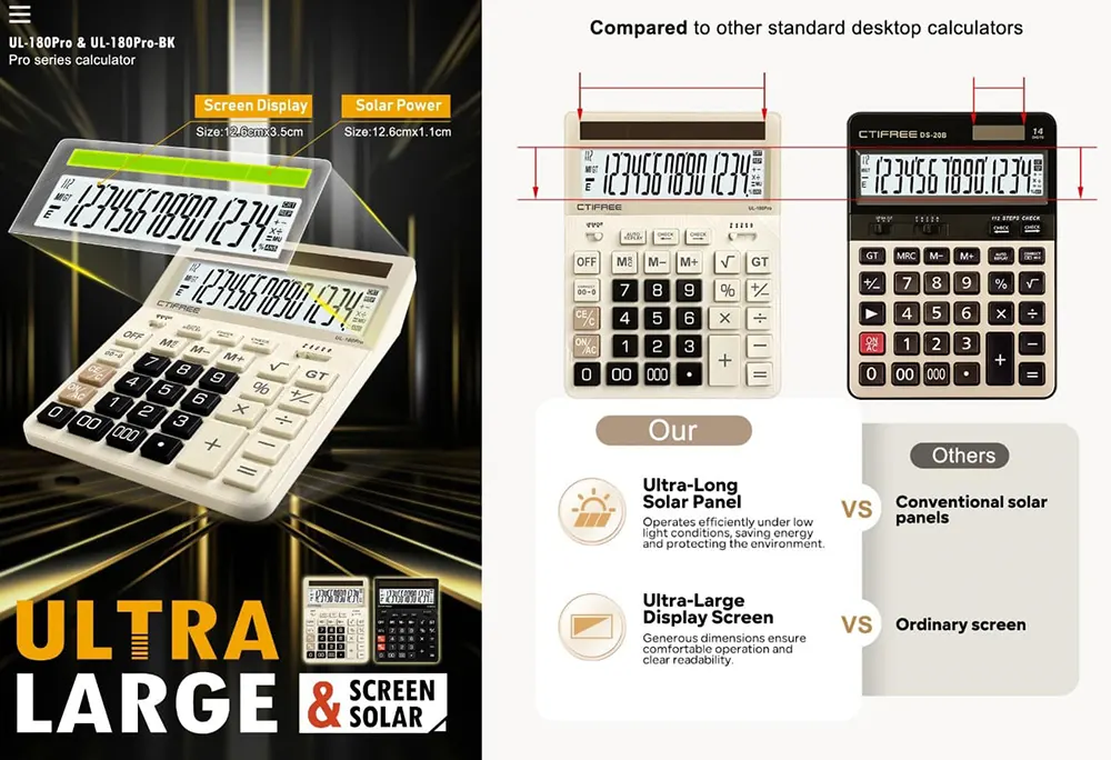 CTIFree Desktop Calculator, 14 Digits, Solar Cell, Ergonomic Buttons, Beige, UL-180 PRO