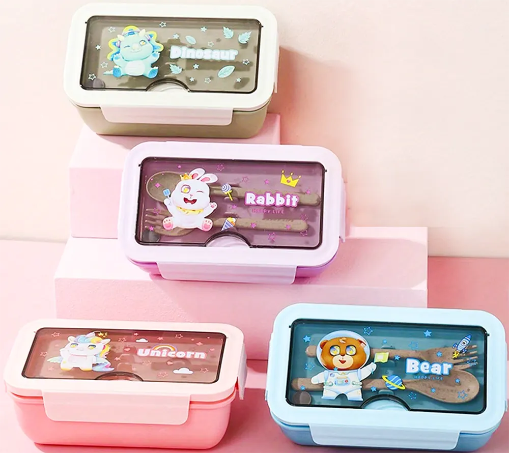 Lunch Box, 1100ml, Divided, with Fork and Spoon, Assorted Cartoon Designs, Multicolor, Model 1479