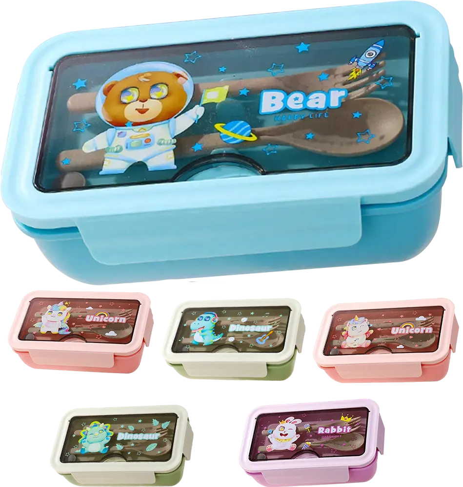 Lunch Box, 1100ml, Divided, with Fork and Spoon, Assorted Cartoon Designs, Multicolor, Model 1479
