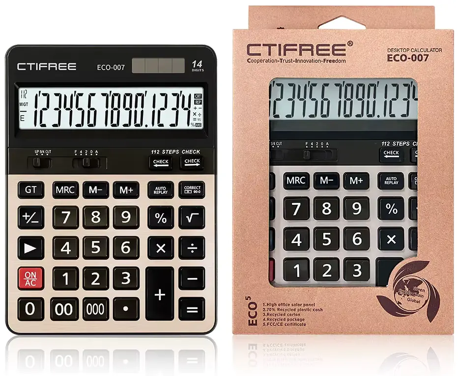 CTIFree Desktop Calculator, 14 Digits, Solar Cell, Ergonomic Buttons, ECO-007