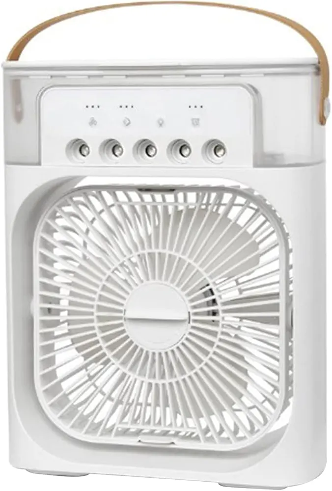 Mini Air Cooler and USB Desk Fan, 7 Color LED Light, Timer, 3 Speeds, 3 Spray Modes
