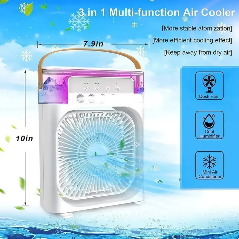 Mini Air Cooler and USB Desk Fan, 7 Color LED Light, Timer, 3 Speeds, 3 Spray Modes