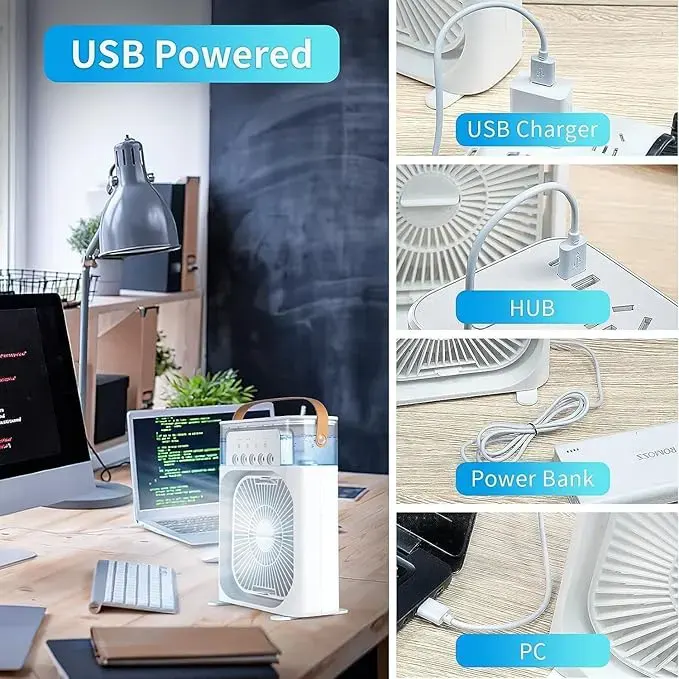 Mini Air Cooler and USB Desk Fan, 7 Color LED Light, Timer, 3 Speeds, 3 Spray Modes