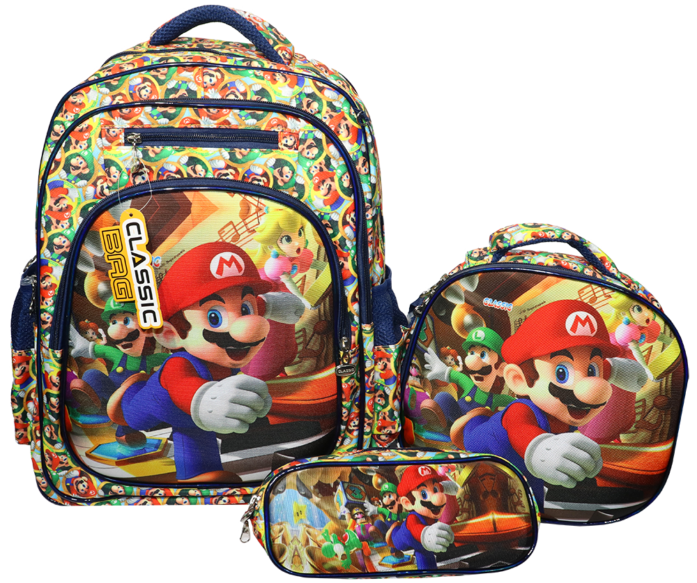 طقم شنطة ظهر مدرسية كلاسيك 3*1 ، مع لانش باج و مقلمة ، متعددة الأشكال