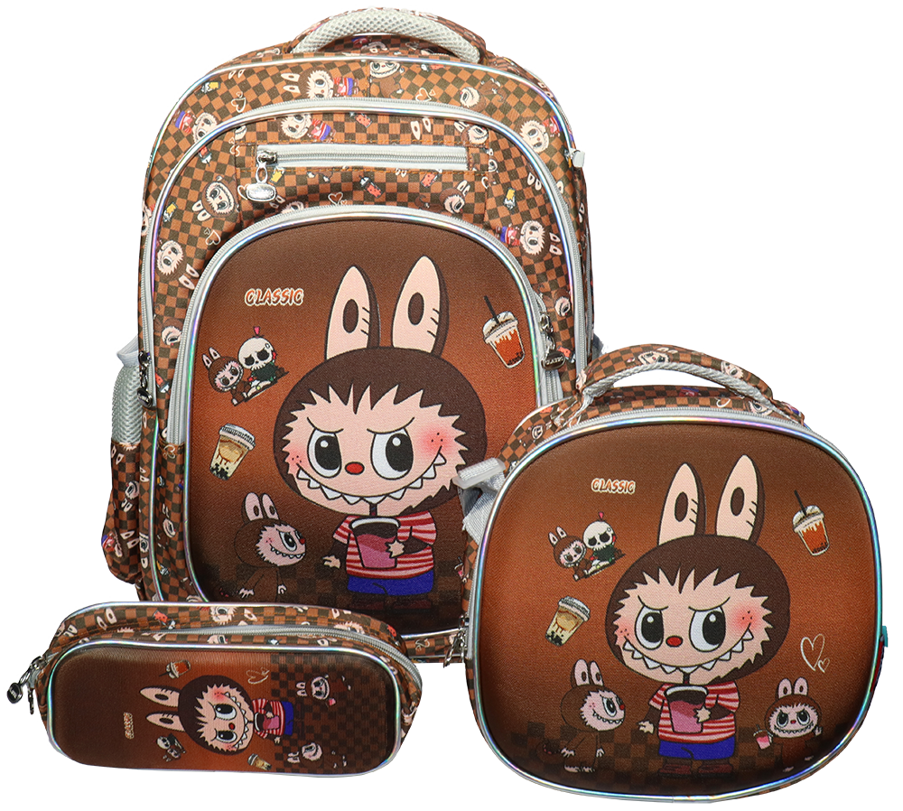 طقم شنطة ظهر مدرسية كلاسيك 3*1 ، مع لانش باج و مقلمة ، متعددة الأشكال