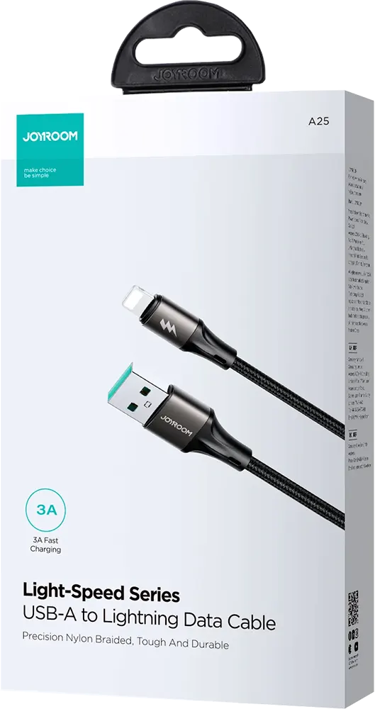 كابل شحن سريع ونقل بيانات من جوي روم، 3A، من usb-a الى lihgtning ، نقل بسرعة 480 ميجابيت في الثانية ، 2 متر ، أسود ، S-A25