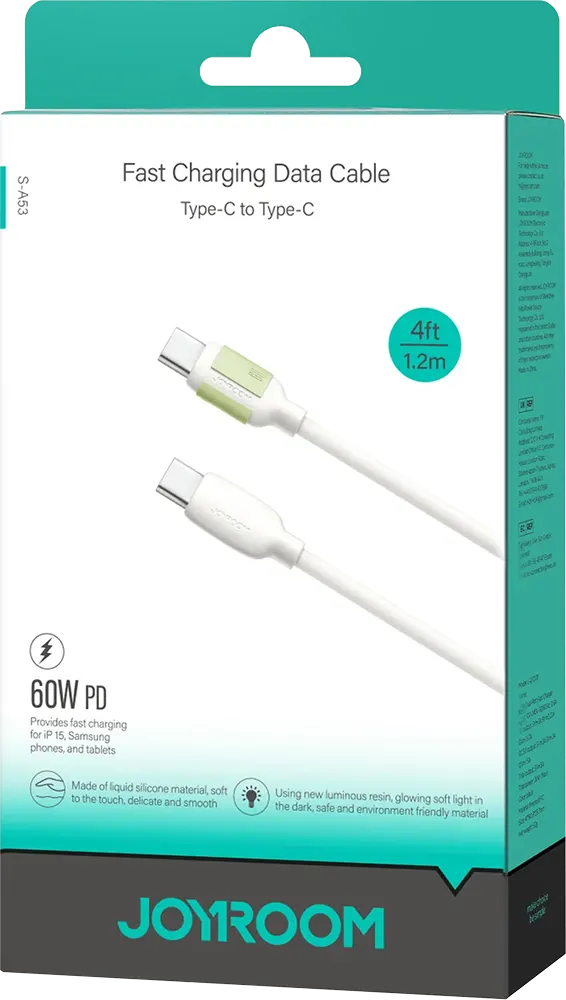 كابل شحن سريع ونقل بيانات جوي روم فلورسنت، 60 وات، من type-c الى type-c، لون بيج، S-A53
