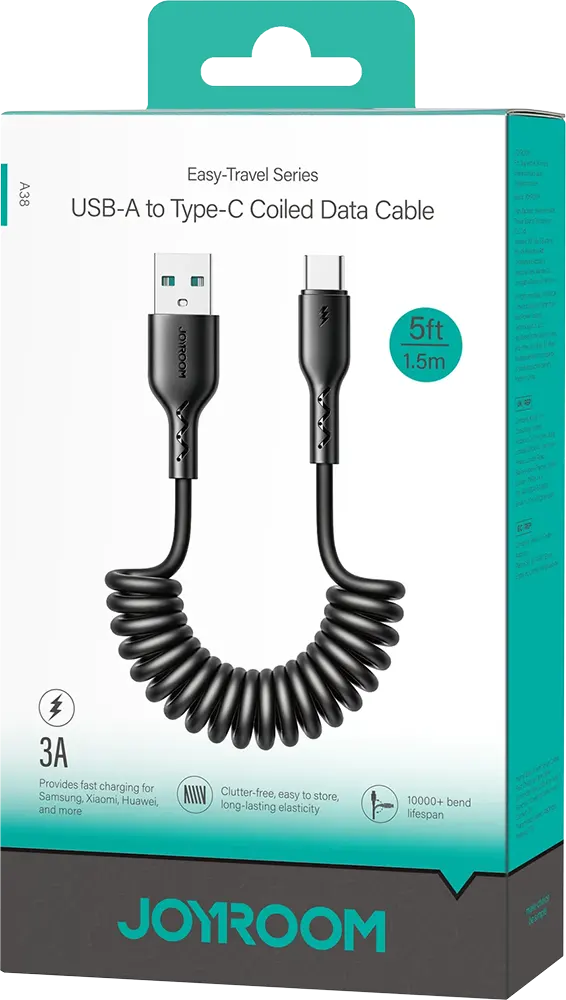 كابل شحن ونقل بيانات سريع  ملفوف جوي روم سلسلة ايزي ترافيل ، 30 وات، 1.5 متر، من usb-a الى type-c، أسود، S-A38