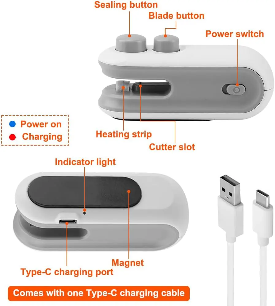 ماكينة لحام أكياس صغيرة محمولة، منفذ type-c لإعادة الشحن، تدعم وظيفة القطع مع اللحام، أبيض، 36-14