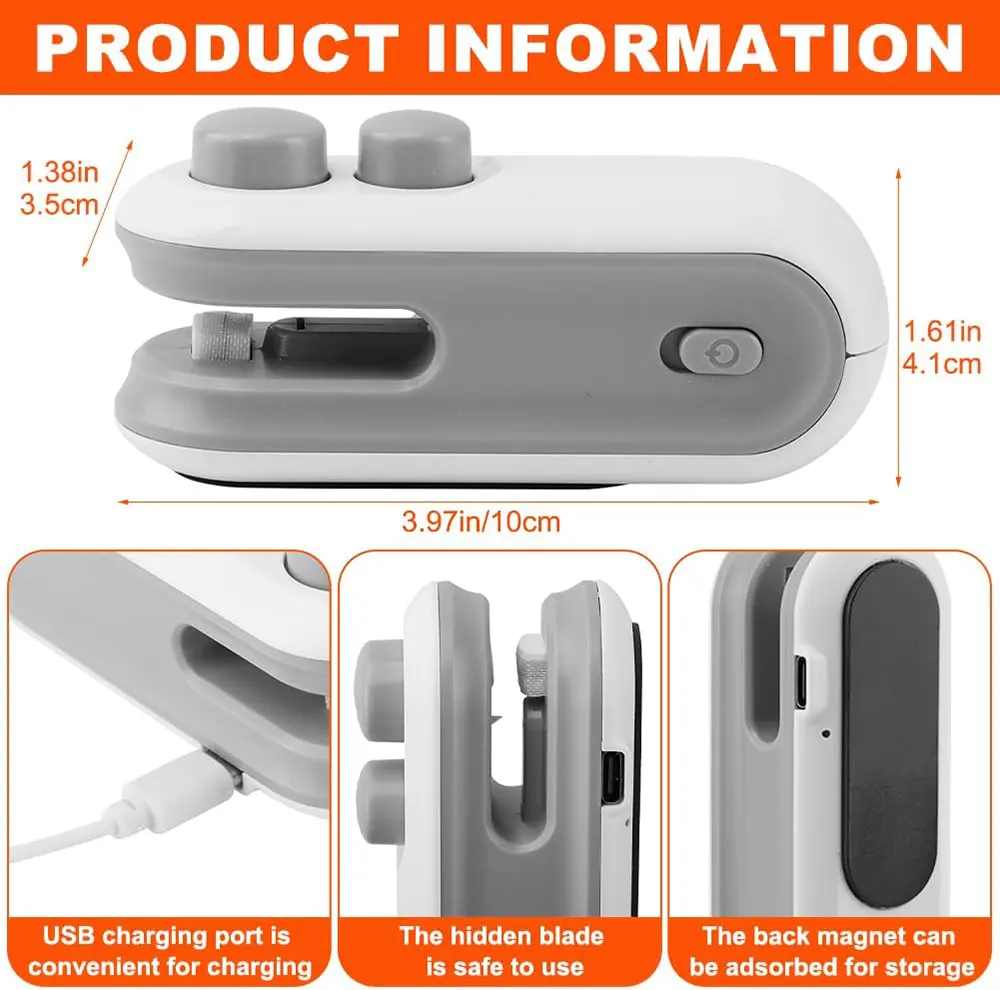 ماكينة لحام أكياس صغيرة محمولة، منفذ type-c لإعادة الشحن، تدعم وظيفة القطع مع اللحام، أبيض، 36-14