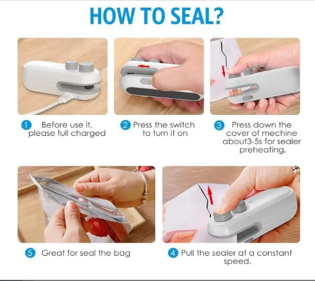 ماكينة لحام أكياس صغيرة محمولة، منفذ type-c لإعادة الشحن، تدعم وظيفة القطع مع اللحام، أبيض، 36-14