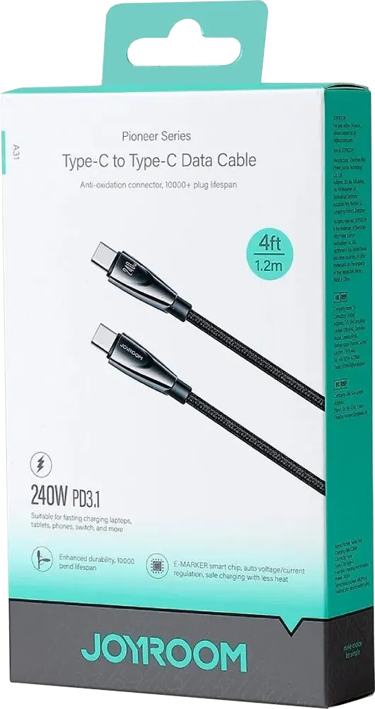 كابل شحن سريع ونقل بيانات جوي روم سلسلة بيونير، 240 وات، من type-c الى type-c، أسود، SA-31-CC5