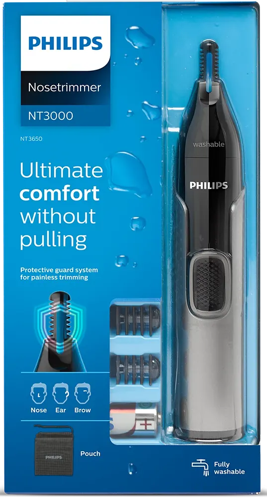 ماكينة تشذيب شعر الأنف والأذن من فيليبس 3000، تعمل ببطارية AA، مشطان للحاجبين، راحة قصوى، رمادي، NT3650-16