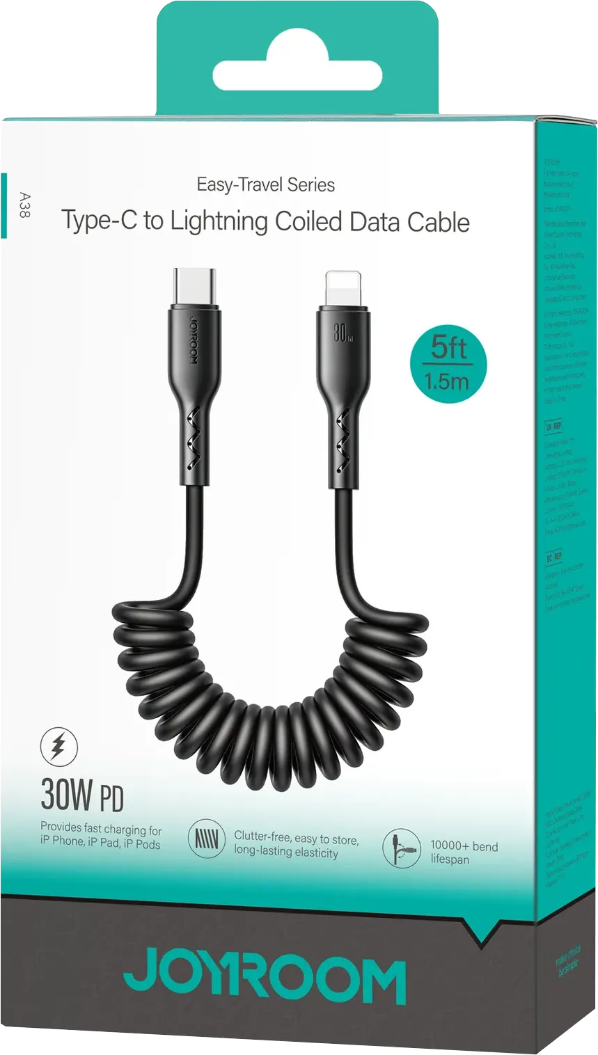 كابل شحن ونقل بيانات سريع ملفوف جوي روم سلسلة ايزي ترافيل ، 30 وات، 1.5 متر، من type-c الى LIGHTNING ، أسود، S-A38