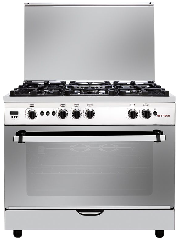 بوتاجاز فريش هاى كاست ، مقاس 90 سم ، 5 شعلة ، حوامل زهر ، شاشة ديجيتال ، مروحة فرن ، استانلس ستيل ، 17081