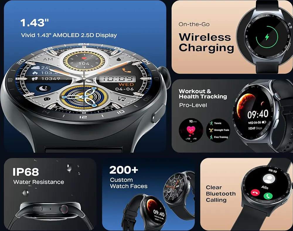 Infinix Smart Watch XWatch 3 we , 1.43" AMOLED Touch Screen , Bluetooth V5.3 , IP68 Water Resistance , 300 mAh Battery ,Silicone Black Strap, Gray Case