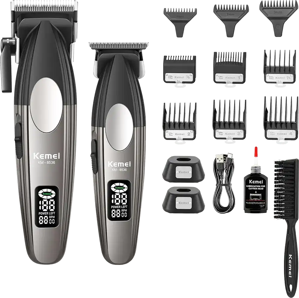 Kemei Dual-Use Rechargeable Hair and Beard Trimmer, Digital Display, Charging Base, Silver-Black, Model KM-8536