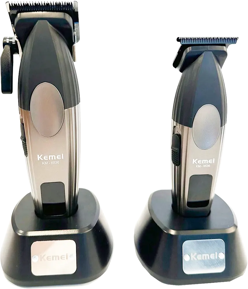 Kemei Dual-Use Rechargeable Hair and Beard Trimmer, Digital Display, Charging Base, Silver-Black, Model KM-8536