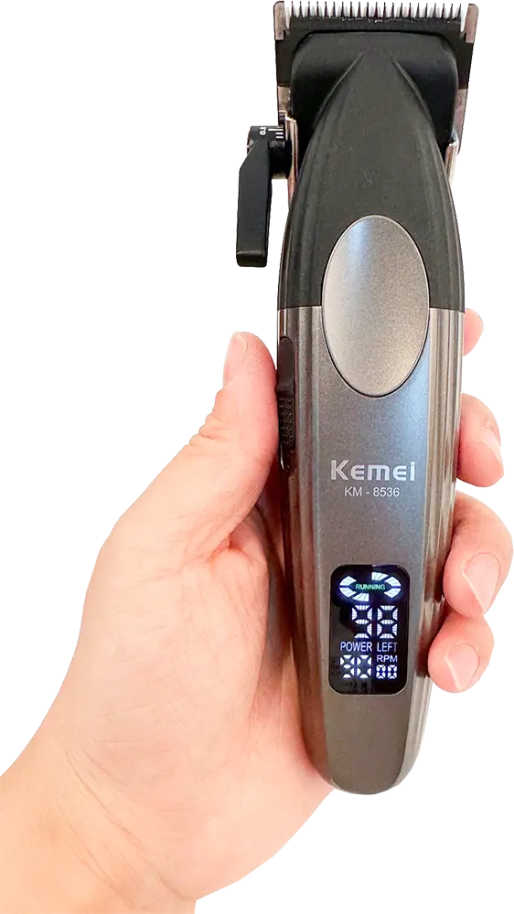 Kemei Dual-Use Rechargeable Hair and Beard Trimmer, Digital Display, Charging Base, Silver-Black, Model KM-8536