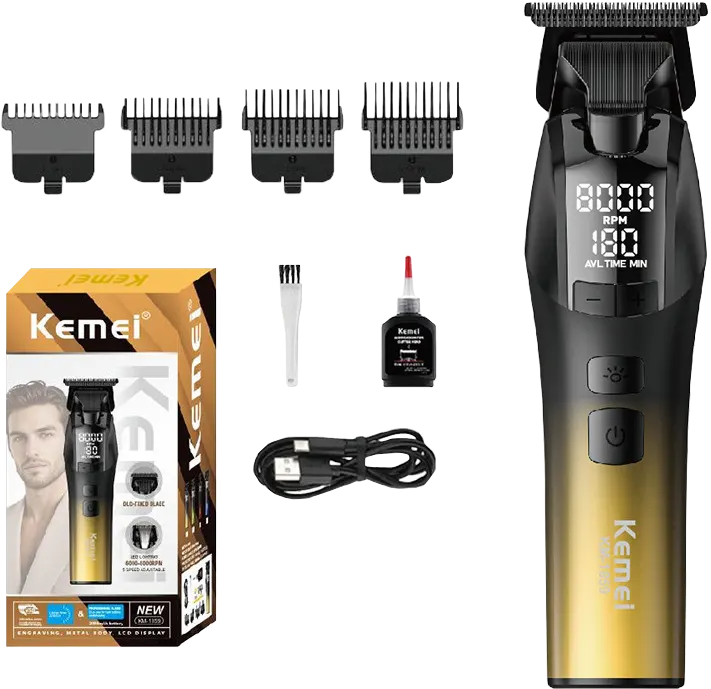 ماكينة حلاقة شعر لاسلكية كيمي، 5 في1، شاشة lcd، اضاءة ليد، وقت تشغيل 200 دقيقة، أسود*ذهبي، KM-1859