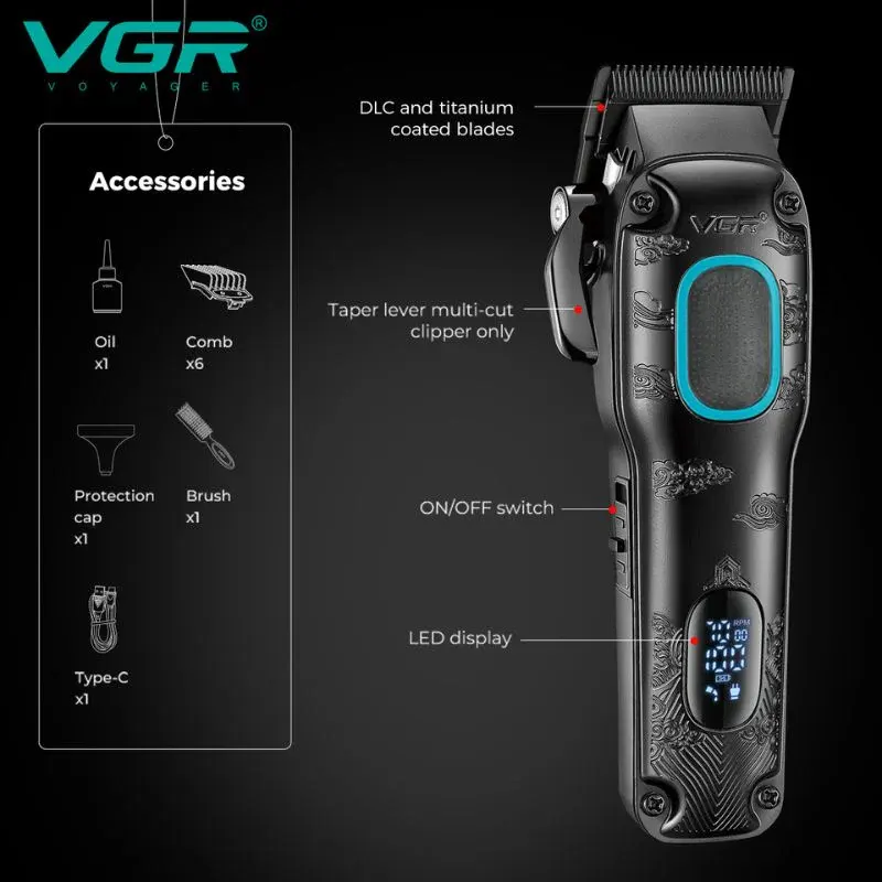 VGR Men's Cordless Hair Clipper, 7 in 1, LED Display, 180 Minutes Run Time, Black, V-016