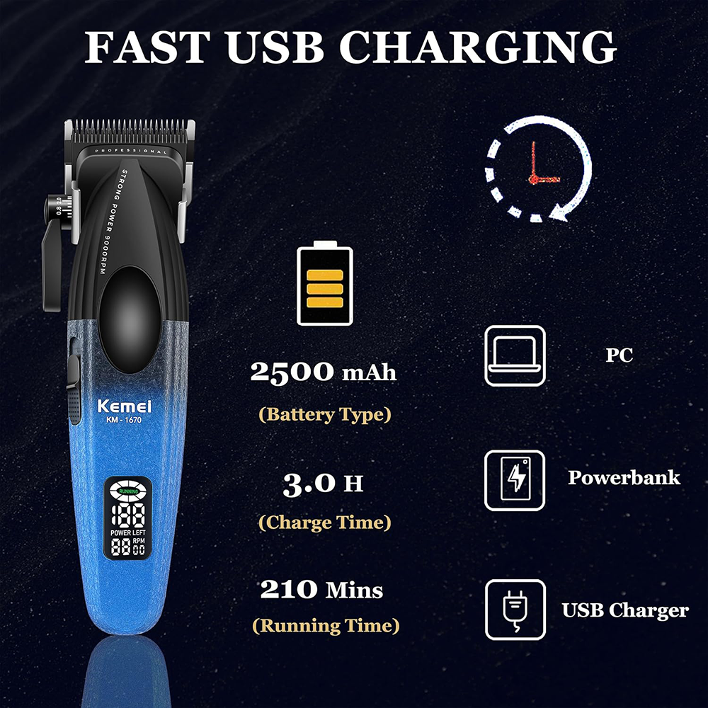 Kemei Wireless Hair Clipper for Men, LED Display, Rechargeable, Charging Station, Black, KM-1670