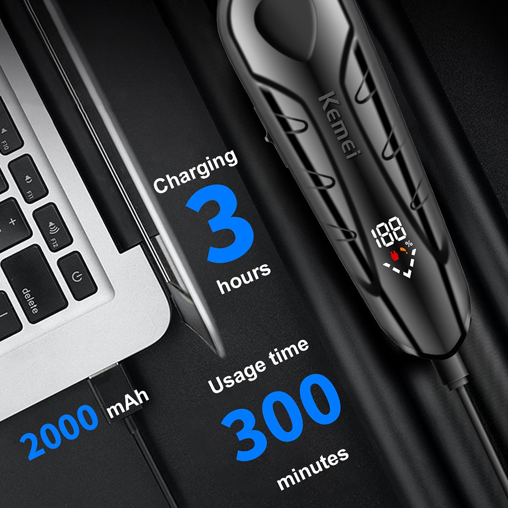 Kemei Cordless Hair Clipper for Men, LED Display, Rechargeable, Black, KM-2269
