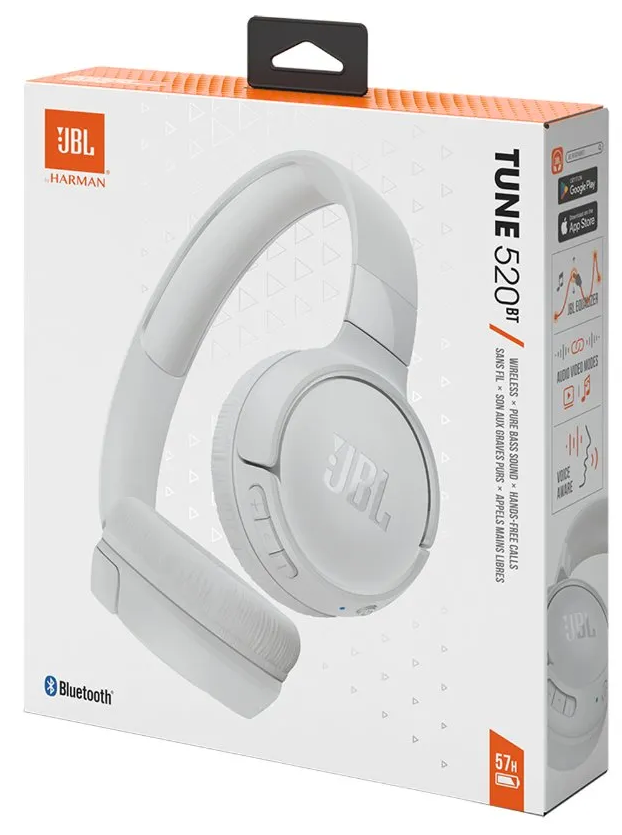 سماعة رأس لاسلكية جي بي ال تون ، بلوتوث V5.3 ، بطارية تعمل لمدة 57 ساعة ، قابلة للطي ، أبيض ، 520BT