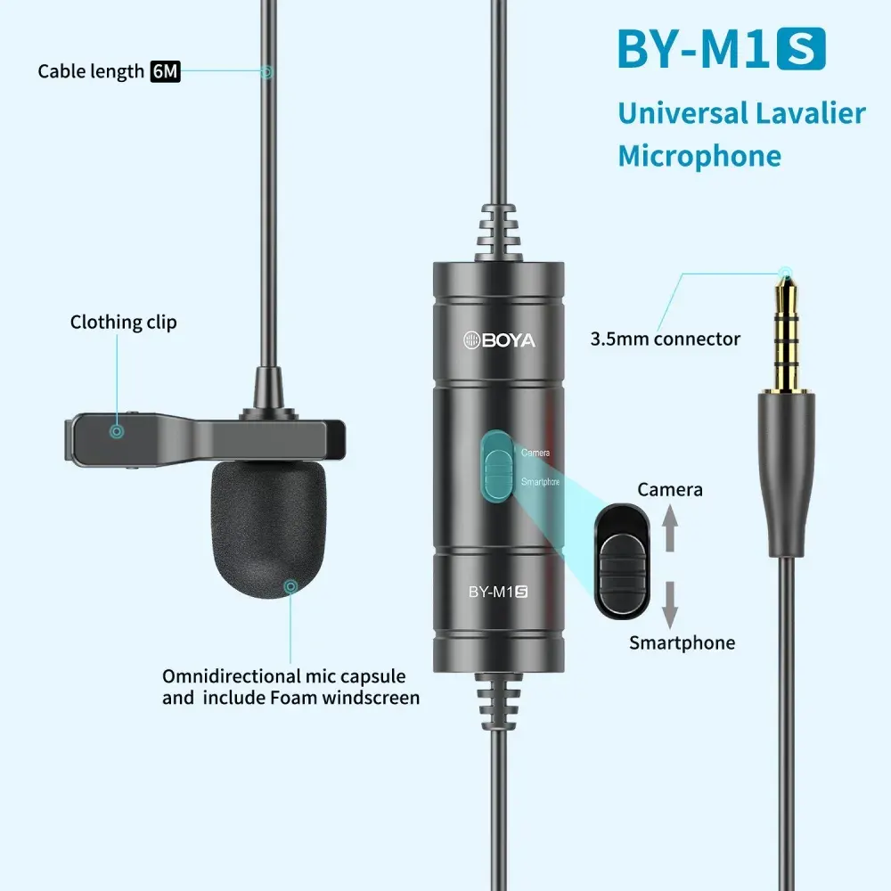 BOYA Universal Lavalier Wired Microphone, 3.5mm Connector, Omnidirectional, 6m Cable Length, Low Noise Reduction, Black, BY-M1S