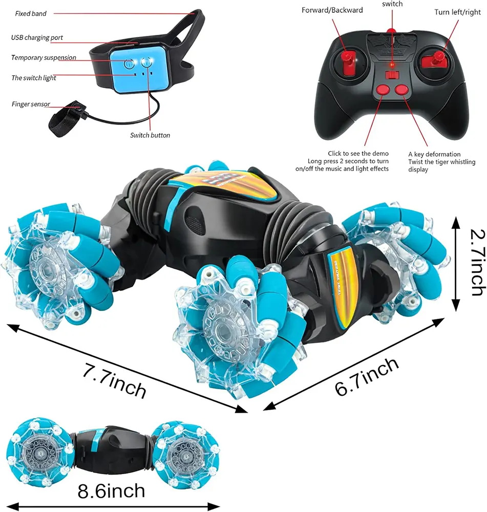 4WD Stunt Remote Control Car, Gesture Control Watch, 2.4GHz Remote Control, 50m Control Range, Built-in Light, CV8818-88C