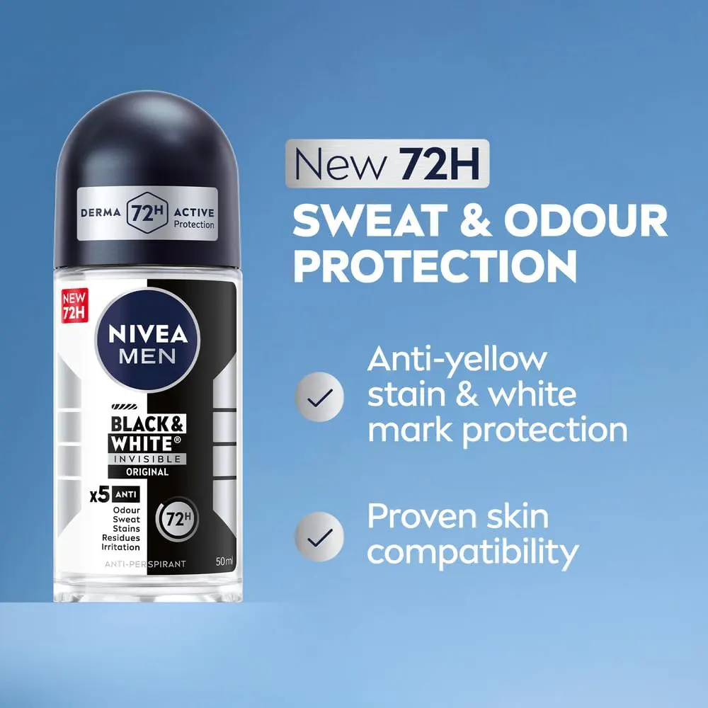Nivea Men Black & White Invisible Original Roll-On Deodorant , 50 Ml