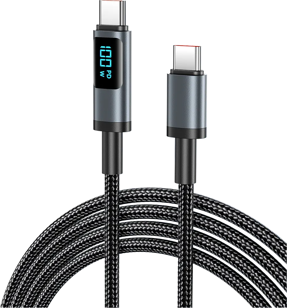 كابل شحن سريع ناين سباركل ديجيتال، 5 أمبير، 100 وات، 1.2 متر، شاشة ديجيتال، من type-c الى type-c، أسود