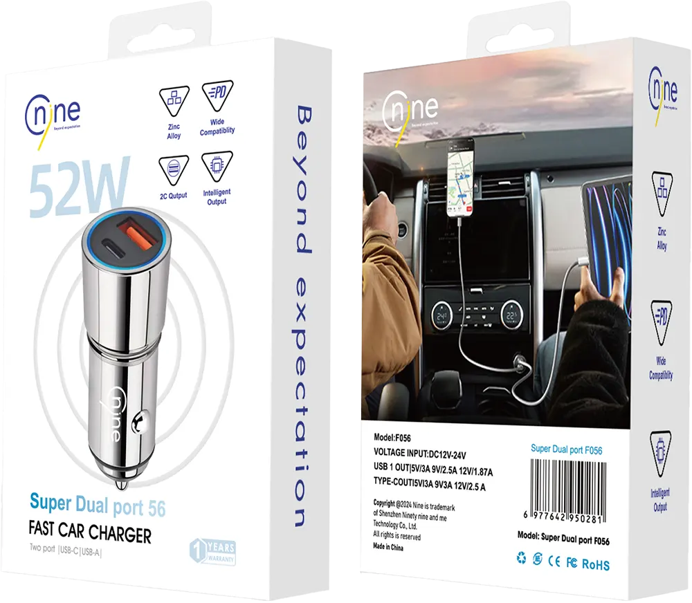 Nine Super 56 Fast Car Charger, 52W, USB-A Port, USB-C Port, Silver, F056