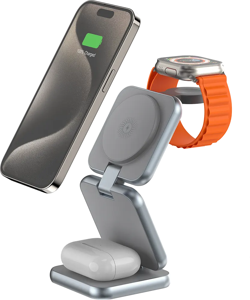 شاحن لاسلكي ناين، 15 وات، 3 في 1، قابل للطي، رمادي، S21