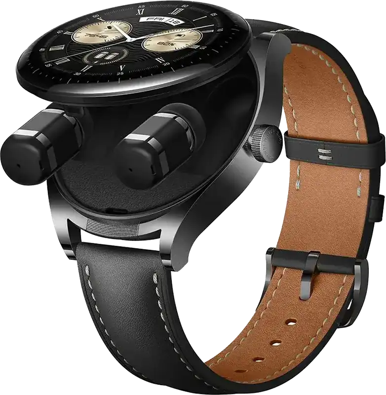 ساعة سمارت هواوي مع سماعات ايربودز، شاشة اموليد 1.43 بوصة، سوار جلد، مقاومة للماء، لون سود