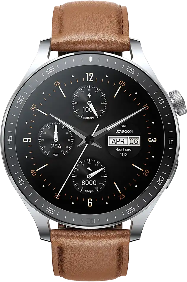 ساعة سمارت جوي روم كلاسيك ، شاشة HD ، مقاس 1.46 بوصة ، بطارية 350 مللي أمبير ، مقاومة للماء ، هيكل فضي حزام بني ، JR-FC2 PRO