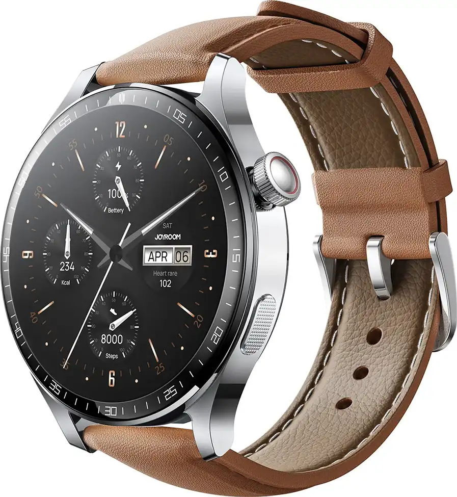 ساعة سمارت جوي روم كلاسيك ، شاشة HD ، مقاس 1.46 بوصة ، بطارية 350 مللي أمبير ، مقاومة للماء ، هيكل فضي حزام بني ، JR-FC2 PRO