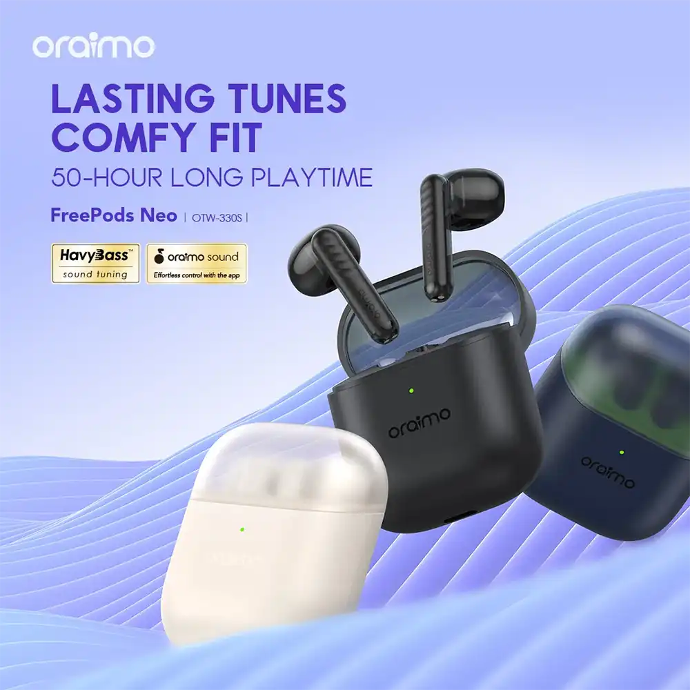 Oraimo Freepods Neo , Bluetooth 5.4 , Call Noise Cancellation , 6 Mic , Water Resistant , Speed Black , OTW-330S