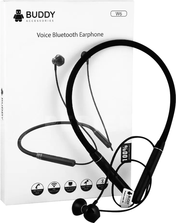 Buddy Wireless Neckband Earphones, Bluetooth 5.0, 110mAh Battery, Black, W6