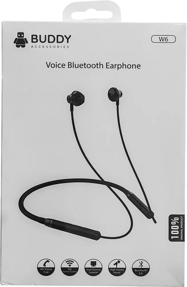 Buddy Wireless Neckband Earphones, Bluetooth 5.0, 110mAh Battery, Black, W6