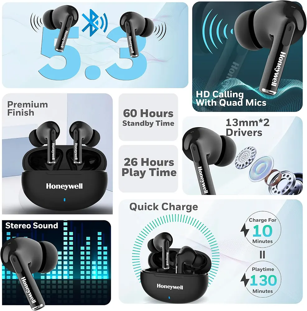 سماعة أذن لاسلكية هانيويل، بلوتوث 5.3، مقاومة للماء ipx4، وقت تشغيل 26 ساعة، شحن سريع، اسود، V1200