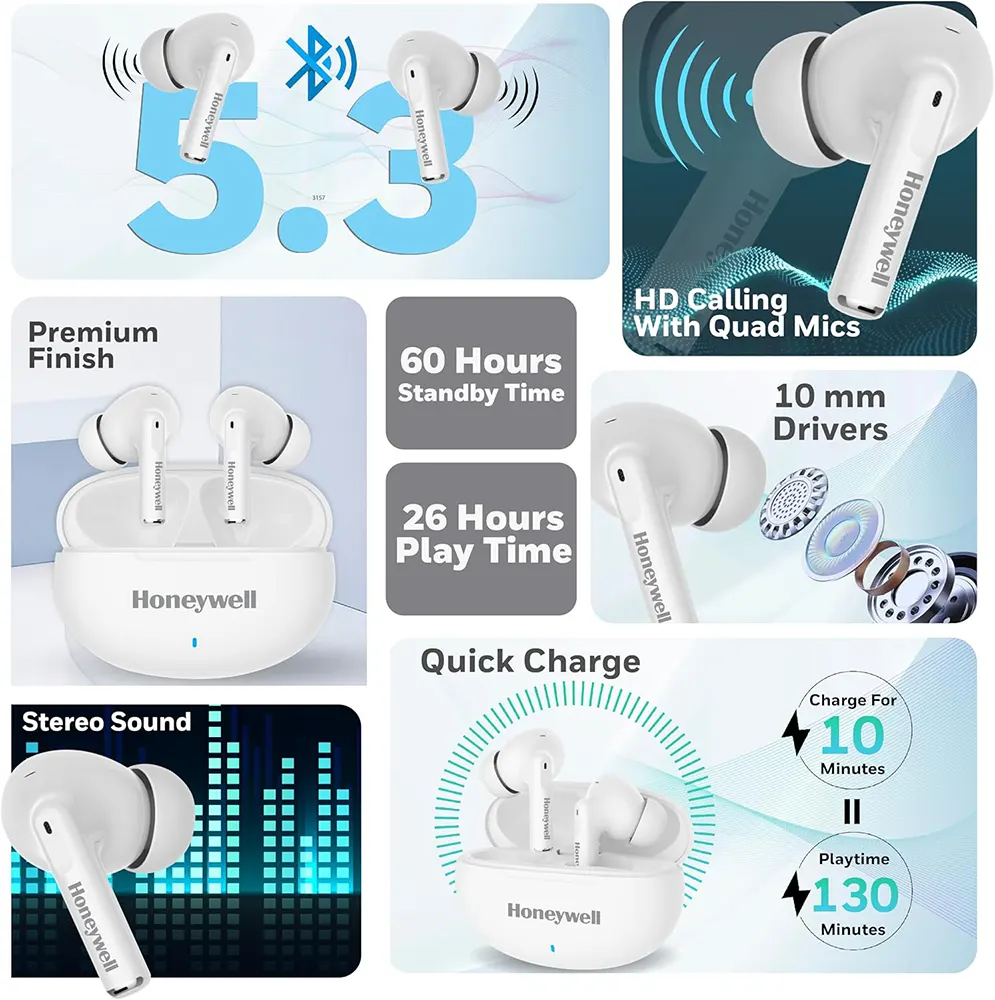 Honeywell Wireless Earphones, Bluetooth 5.3, IPX4 Water Resistant, 26 Hours Playtime, Fast Charging, White, V1200