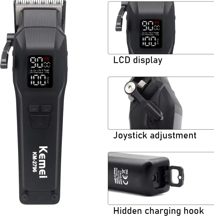 ماكينة حلاقة كهرباء كيمي رجالي ، لقص الشعر والدقن ، شاشة ال اي دي ،  قابلة للشحن ، أسود ، KM-2796