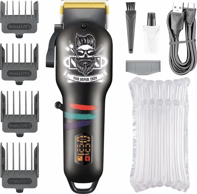 ماكينه حلاقة كهربائية في جي أر للرجال ، حلاقة الشعر، شاشة LED ، قابلة لأعادة الشحن ، أبيض - أسود ، V-699