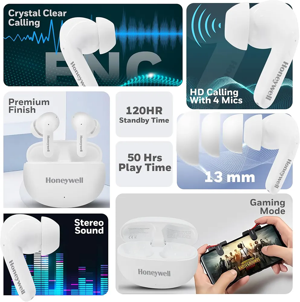 Honeywell Wireless Earbuds, Bluetooth 5.3, PX4 Water Resistant, 50-Hour Playtime, Noise Cancelling, White, P2100