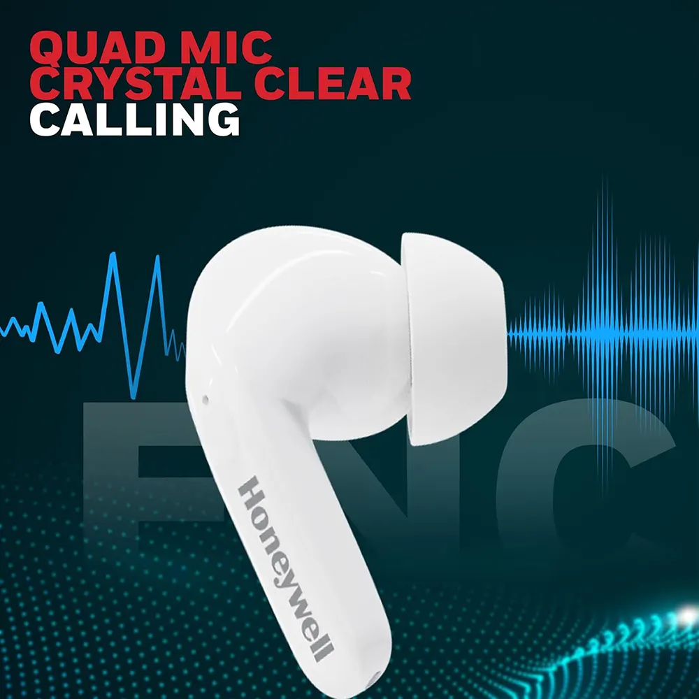 Honeywell Wireless Earbuds, Bluetooth 5.3, PX4 Water Resistant, 50-Hour Playtime, Noise Cancelling, White, P2100