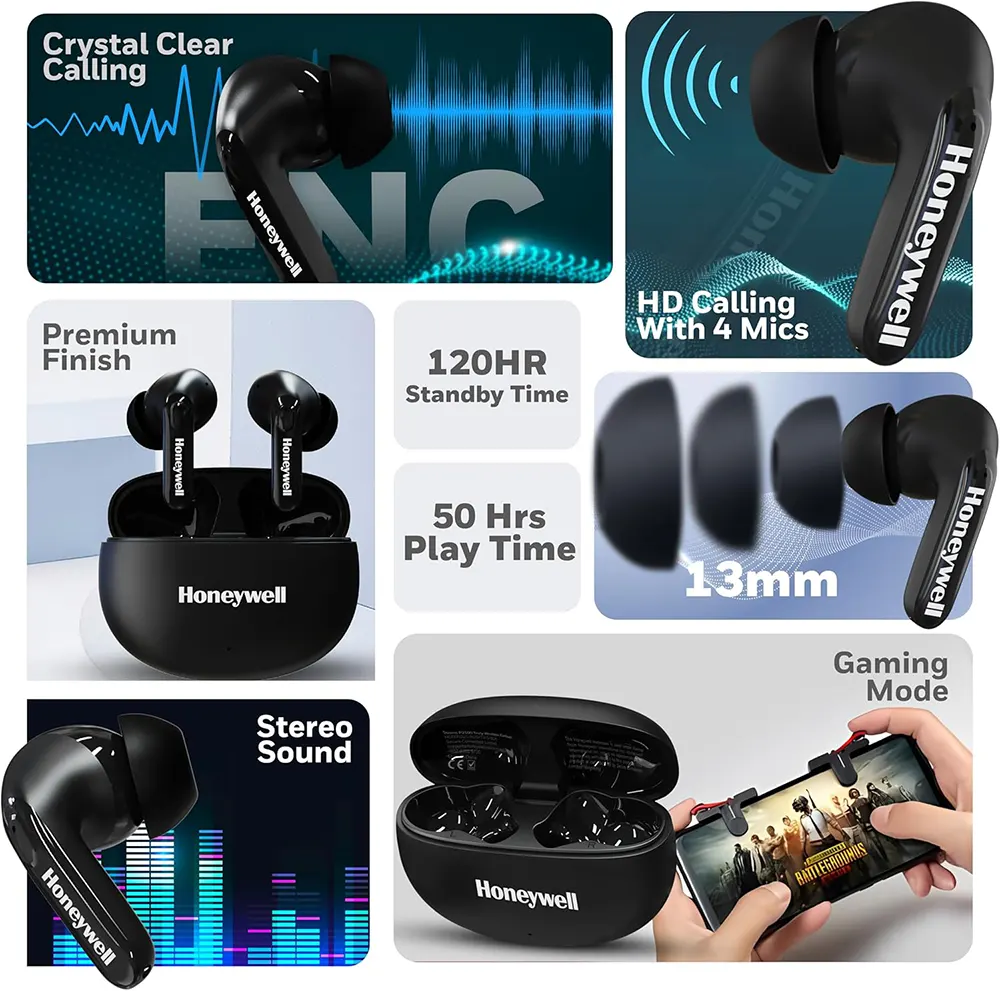 Honeywell Wireless Earbuds, Bluetooth 5.3, PX4 Water Resistant, 50-Hour Playtime, Noise Cancelling, Black, P2100