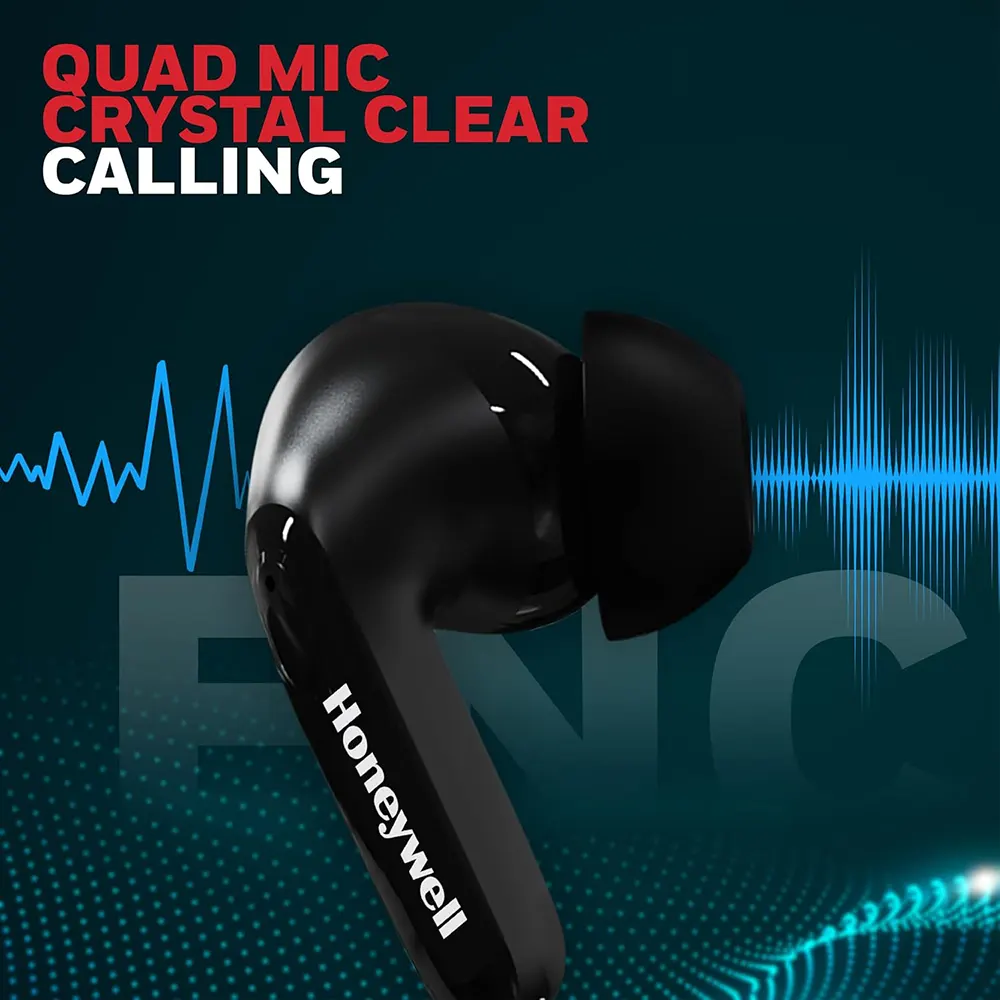 Honeywell Wireless Earbuds, Bluetooth 5.3, PX4 Water Resistant, 50-Hour Playtime, Noise Cancelling, Black, P2100